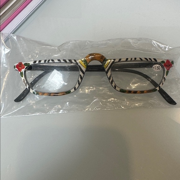 Striped Black and White Glasses with Orange and Green Accents - Picture 2 of 2